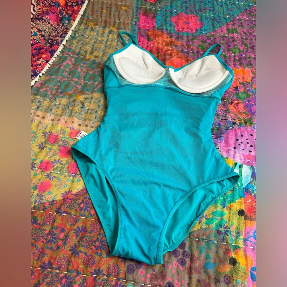 Spanx Love Your Assets Turquoise Blue One Piece Swimsuit Size L Summer Beach